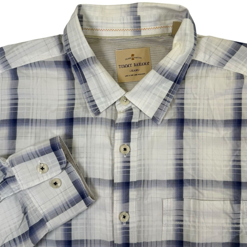 Tommy Bahama Shirt Mens XL White Blue Plaid Cotton Button Up Long Sleeve Casual